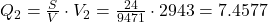 Q_2=\frac{S}{V} \cdot V_2=\frac{24}{9471}  \cdot 2943 =7.4577